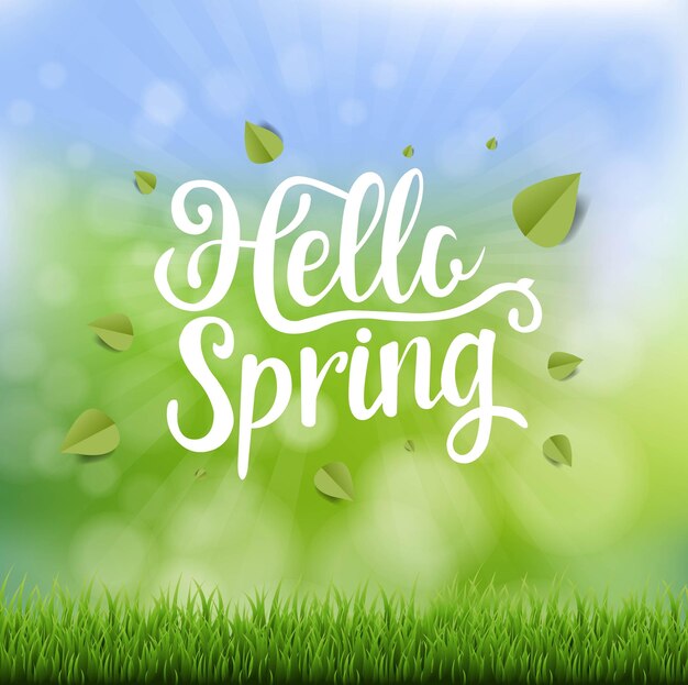 Vetor hello spring banner de texto com grama