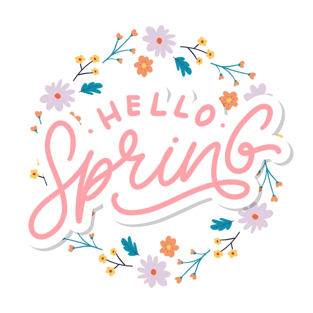 Hello spring flowers text background frame lettering slogan