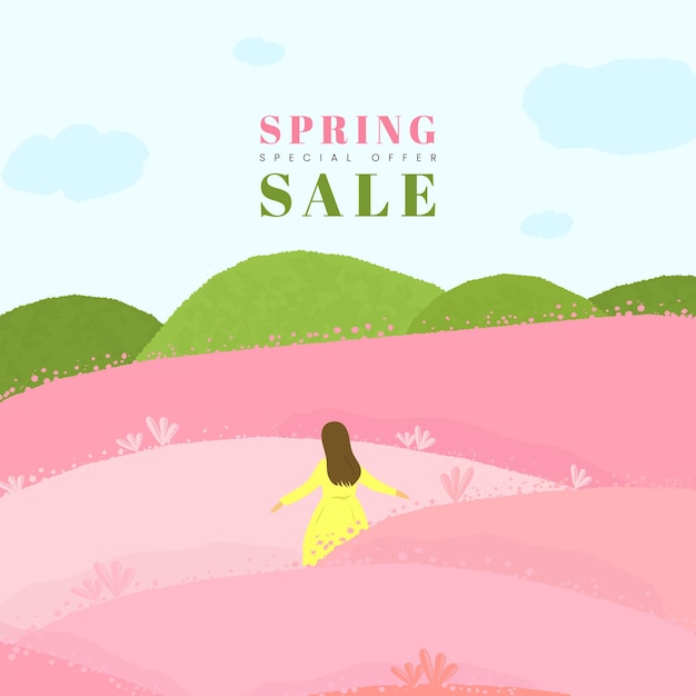 Hello spring sale template pastel background mulher vestindo vestido amarelo desfrutando de flores de cerejeira