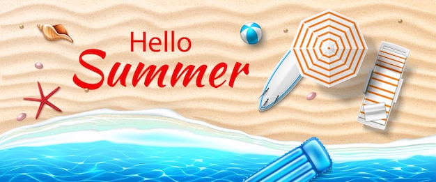 Hello summer banner praia à beira-mar com espreguiçadeira de ondas azuis e colchão de prancha de surf