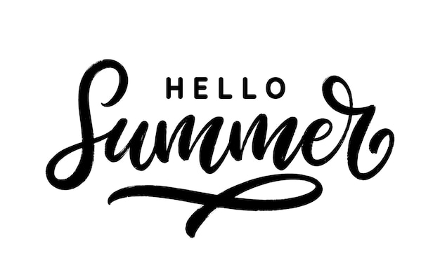 Vetor hello summer letras desenhadas à mão composição de texto vetorial isolada em fundo branco