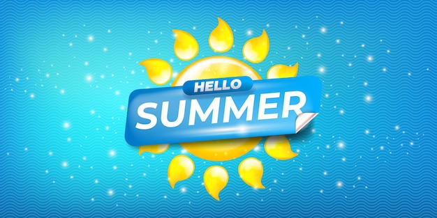 Hello Summer Vector Banner fundo de onda de água azul brilhante com sol e adesivo enrolado branco Hello Summer Texto