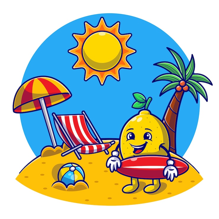 Vetor hello summer with beach, cute lemon segura uma prancha de surf