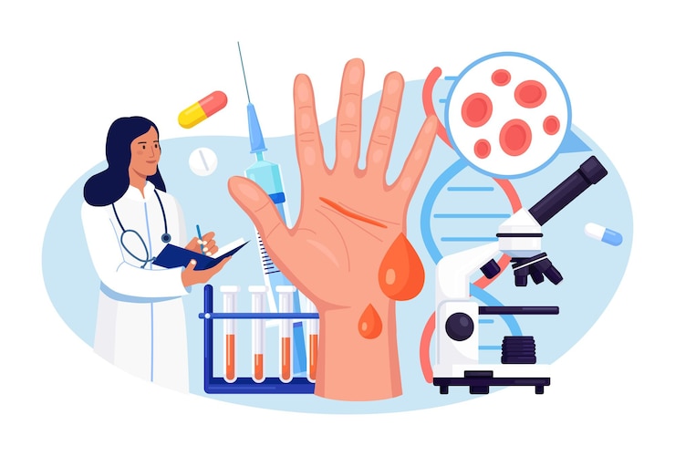 Vetor hemofilia. o médico examina a não coagulabilidade do sangue. mão com uma ferida sangrando e não cicatrizada. médico trata o paciente com anemia, doença do sangue. teste detalhado para glóbulos vermelhos, plaquetas
