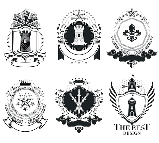 Heráldica de estilo antigo, emblemas heráldicos, ilustrações vetoriais. Coleção de brasão de armas, conjunto de vetores.