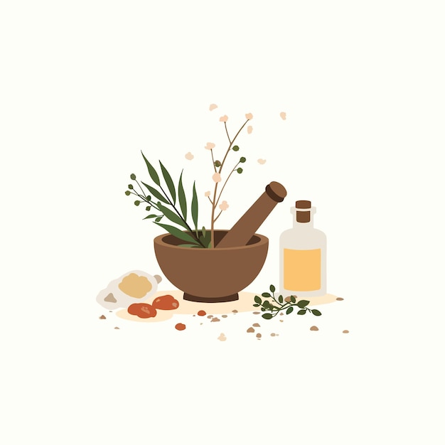 Herbal Apothecary Still Life Mortar Pestle e Óleos Essenciais
