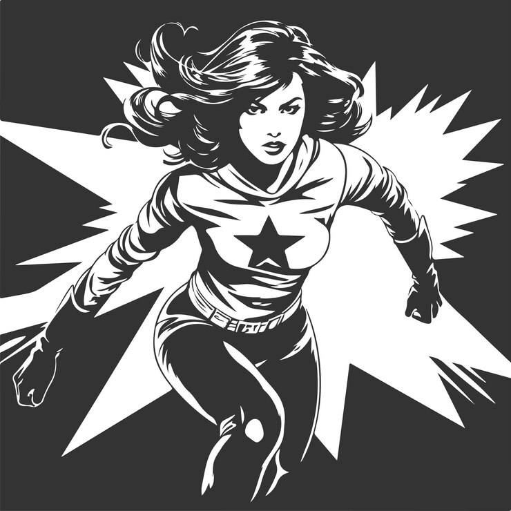 Vetor heroína de ação, logotipo vintage, conceito de arte de linha, cor preto e branco, ilustração desenhada à mão