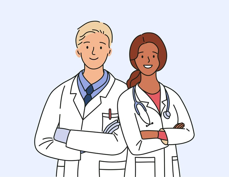 Heróis na linha de frente Médicos e Enfermeiras Ilustrações de personagens Desenho vetorial desenhado à mão