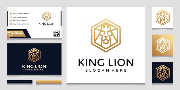 Hexágono criativo com inspiração de logotipo do conceito de leão. e designs de cartão de visita
