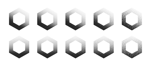 Hexágono pontilhado mão desenhada dotwork formas abstratas definidas em diferentes variações, isoladas no fundo branco. coleção de elementos de design hexagonal de pontos de vários graus de ruído preto