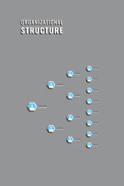 Hierarquia de negócios do modelo da empresa com elementos hexagonais azuis claros em um fundo cinza