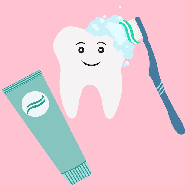 Higiene dental bonita Sorrindo dentes felizes com escova de dentes e pasta de dentes saúde bucal oral ilustração vetorial isolada