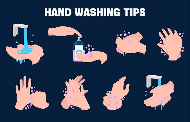 Higiene pessoal, prevenção de doenças e infográfico educacional de saúde como lavar as mãos corretamente passo a passo e como usar desinfetante para as mãos