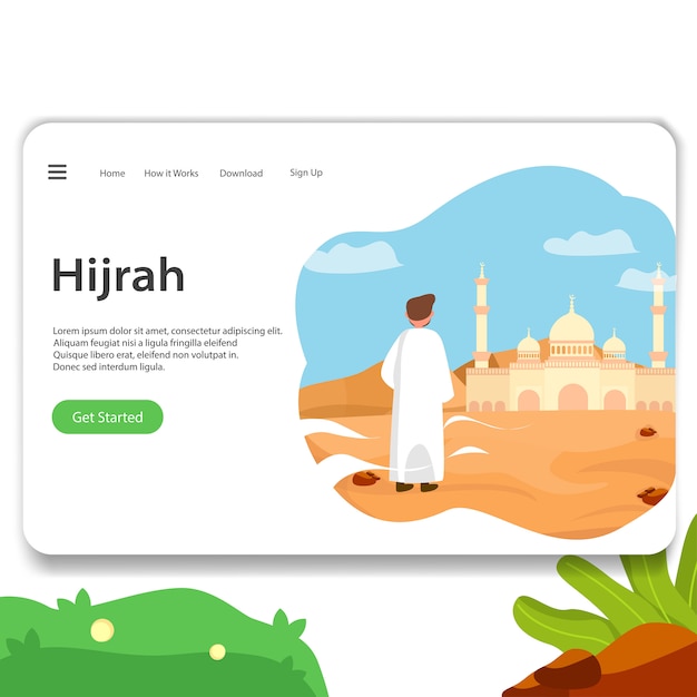 Vetor hijrah web landing page ilustração celebrando o ano novo islâmico