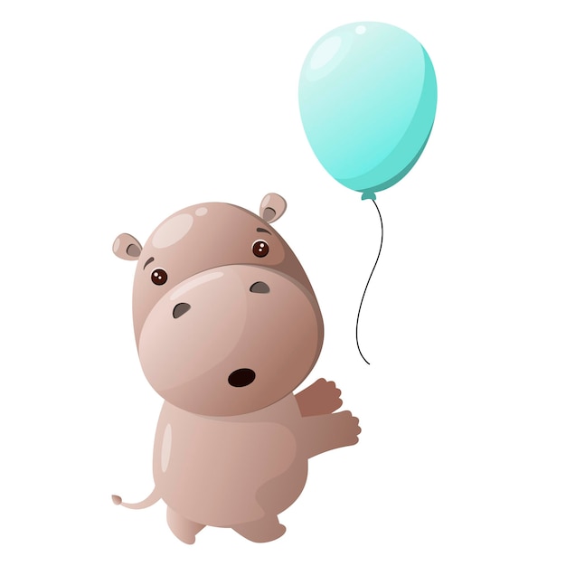 Hipopótamo fofo com um balão em um fundo branco Desenho de desenho animado