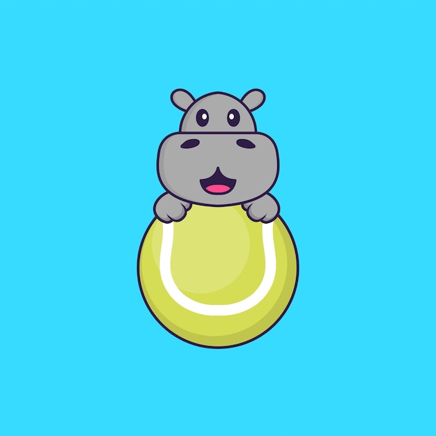 Hipopótamo fofo jogando tênis animal cartoon conceito isolado