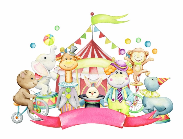 Hipopótamo girafa urso foca coelho elefante macaco Aquarela clipart de uma tenda de circo