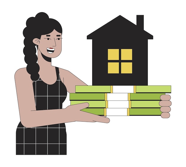 Vetor hipoteca para ilustração de ponto vetorial de conceito de linha plana imobiliária mulher segurando dinheiro para comprar casa personagem de contorno de desenho animado 2d em branco para design de interface do usuário da web imagem de herói de cor isolada editável