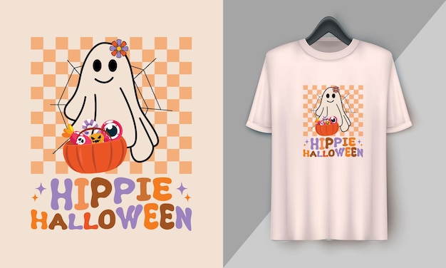 Vetor hippie halloween retro halloween cute design de camiseta com estilo descolado boo ghost abóbora bruxa etc.