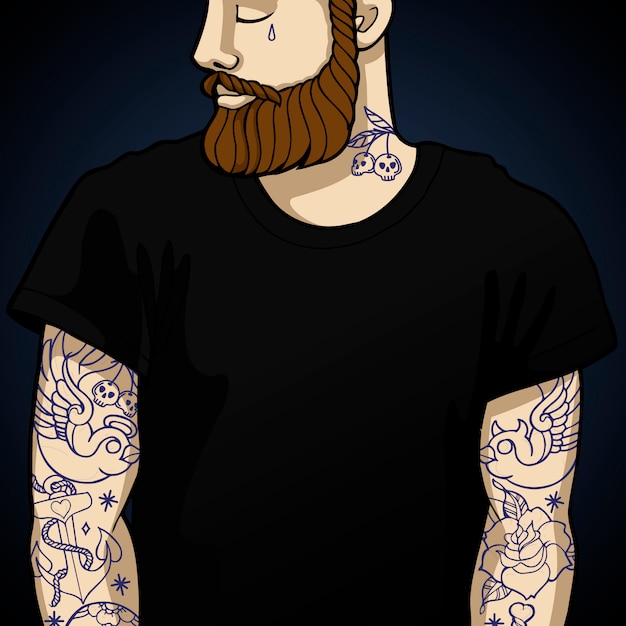 Vetor hipster de homem tatuado com barba e tatuagem oldstyle nas mãos