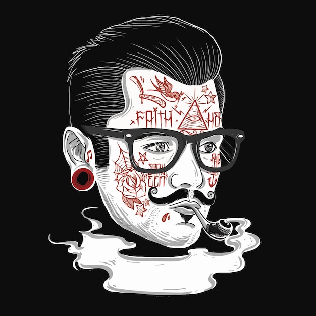 Hipster gentleman with tattooed face ilustração barber theme