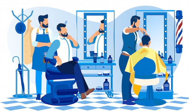 Vetor hipster grooming place barbeiro fazendo cliente corte cabelo