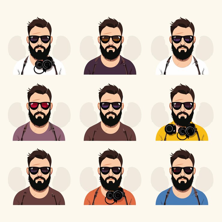 Vetor hipster homem segura câmera barba logotipo selvagem