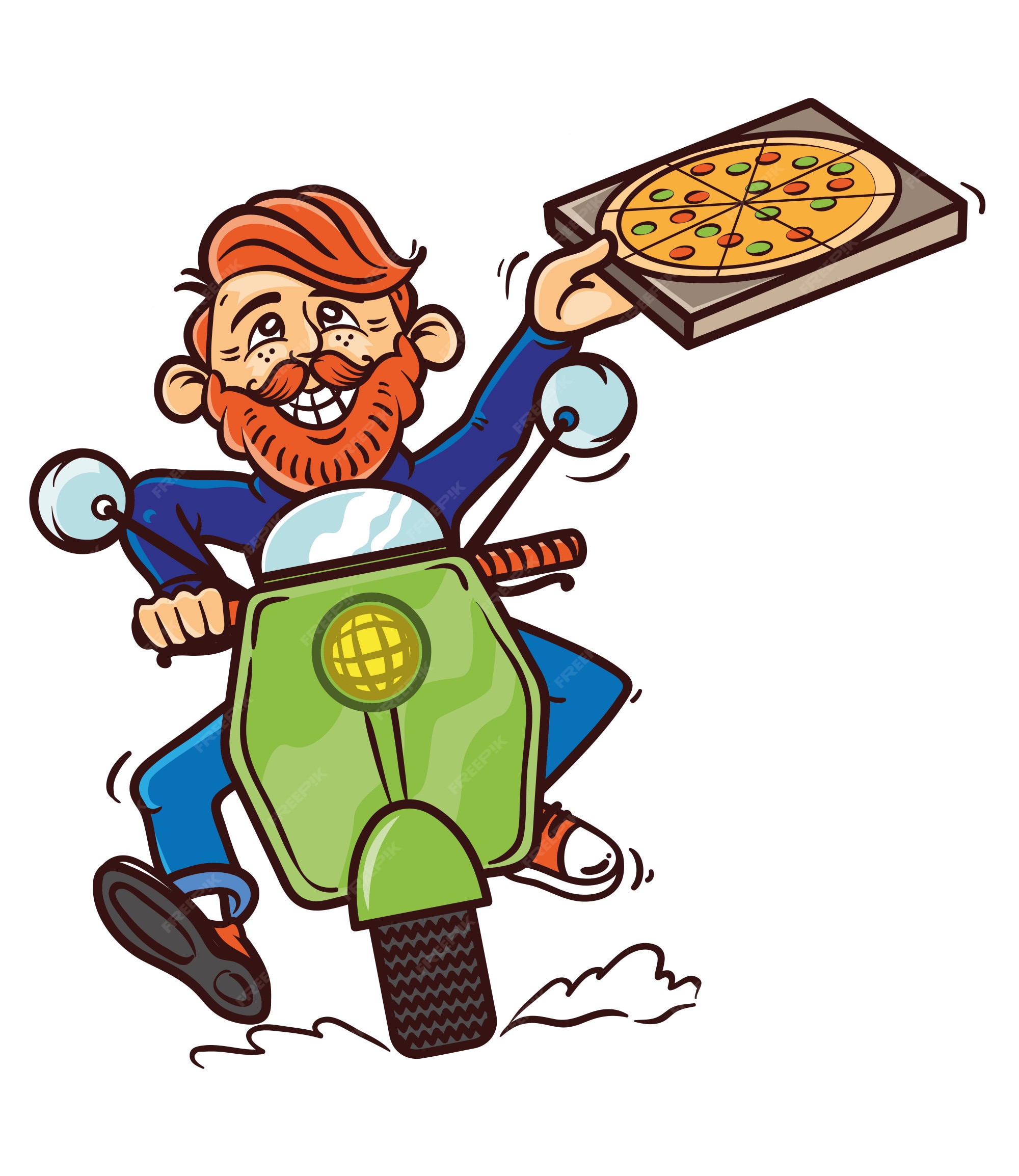 ilustração em vetor plana entrega pizza. homem dirigindo scooter