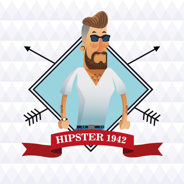 Vetor hipster man cartoon com bigode e óculos dentro do quadro com ícone de fita