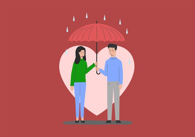 História de amor casal fica sob o guarda-chuva na rua da noite chuvosa frente do coração enorme e brilhante relações românticas homem e mulher apaixonados têm encontros ao ar livre romance cartoon ilustração vetorial plana