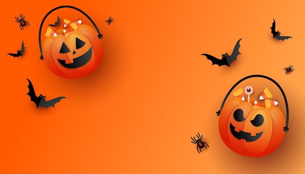 História de terror do Halloween. Feliz dia das bruxas modelo de plano de fundo com laranja doce ou doce de abóbora e cor de doce, morcegos em fundo laranja.