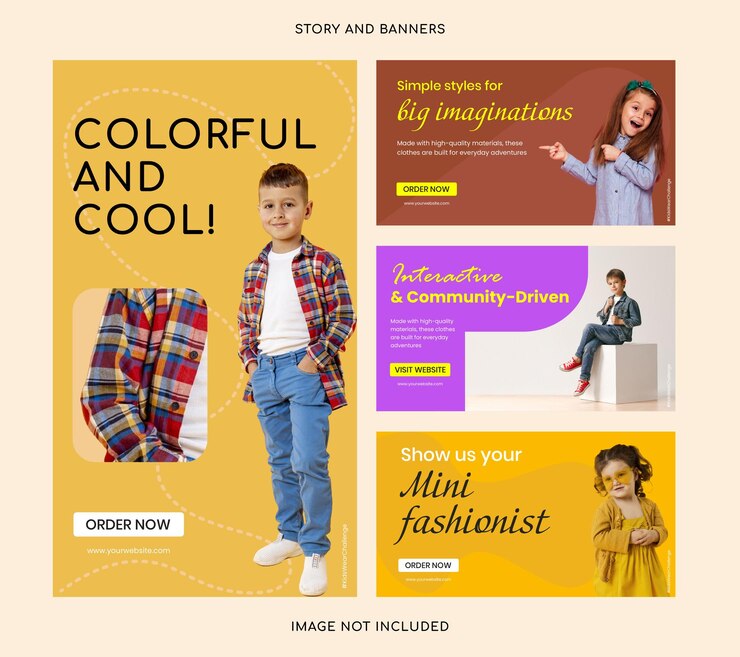 Vetor história e banners para crianças vestem conjunto de modelos