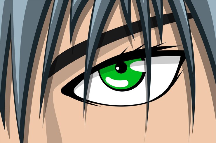 Vetor história em quadrinhos de anime rosto bonito de menino ou menina com olhos verdes e cabelos grisalhos mangá quadrinhos livro arte herói