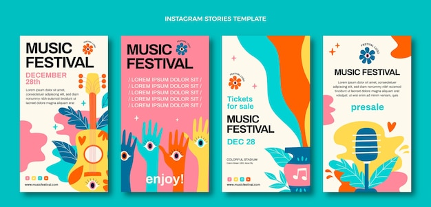 Histórias coloridas desenhadas à mão em festivais de música