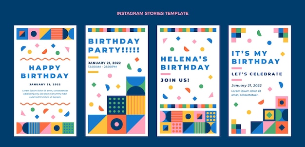 Histórias de instagram de aniversário em mosaico de design plano
