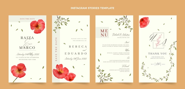 Vetor histórias de instagram de casamento floral em aquarela