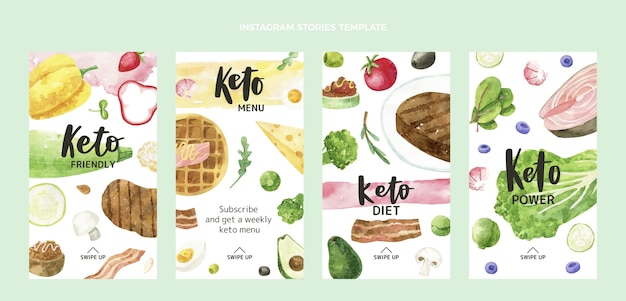 Vetor histórias de instagram de comida em aquarela