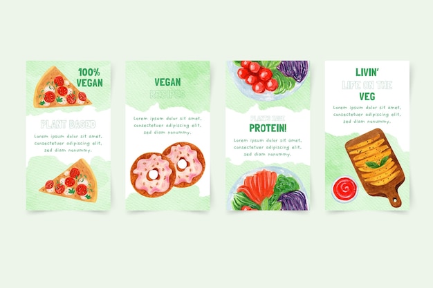 Vetor histórias de instagram de comida vegetariana em aquarela