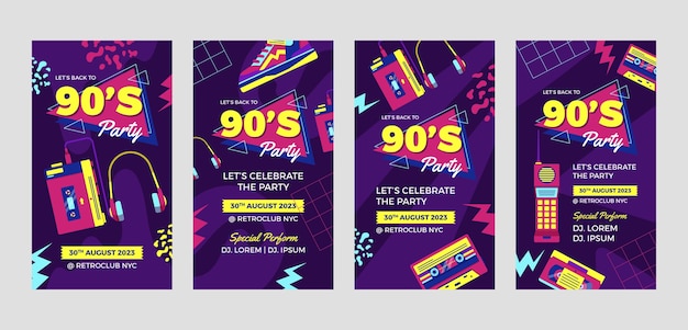 Histórias de instagram de festa colorida de design plano dos anos 90