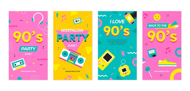 Histórias de instagram de festa de design plano dos anos 90