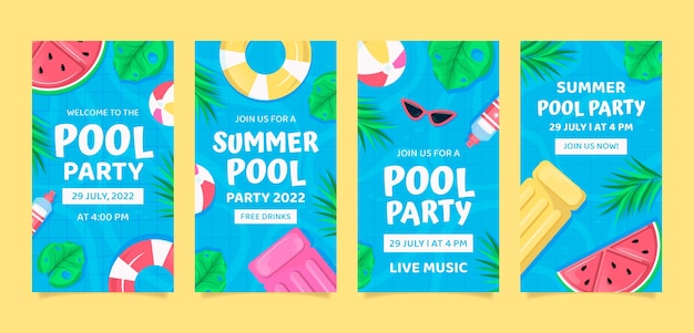 Histórias de instagram de festa na piscina coloridas desenhadas à mão