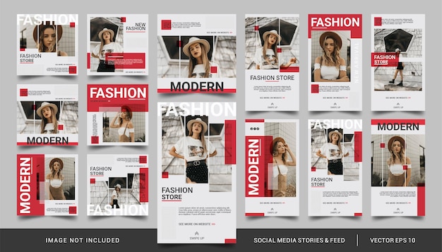 Histórias de mídia social vermelhas minimalistas e modelo de feed de pós-venda de moda