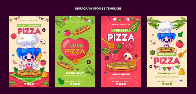 Histórias deliciosas de pizza desenhadas à mão no instagram