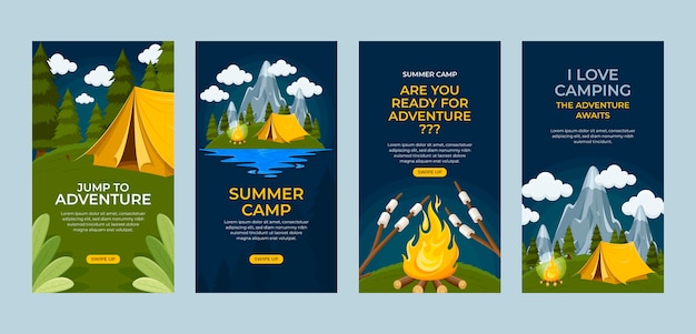 Histórias do instagram de acampamento de verão de design plano