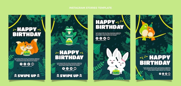 Vetor histórias do instagram de aniversário da selva desenhadas à mão