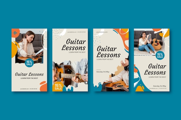 Histórias do instagram de aulas de guitarra de design plano desenhado à mão