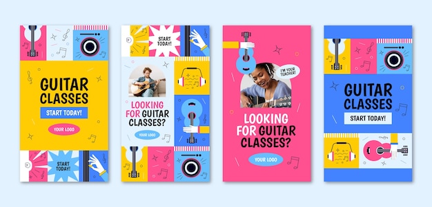 Vetor histórias do instagram de aulas de guitarra desenhadas à mão