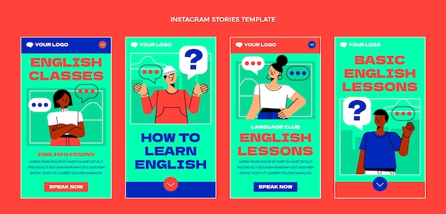 Histórias do instagram de aulas de inglês de design plano