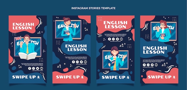 Histórias do instagram de aulas de inglês desenhadas à mão