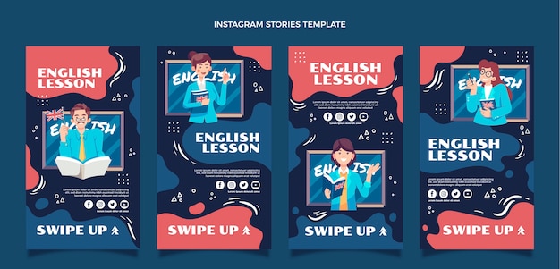 Vetor histórias do instagram de aulas de inglês desenhadas à mão